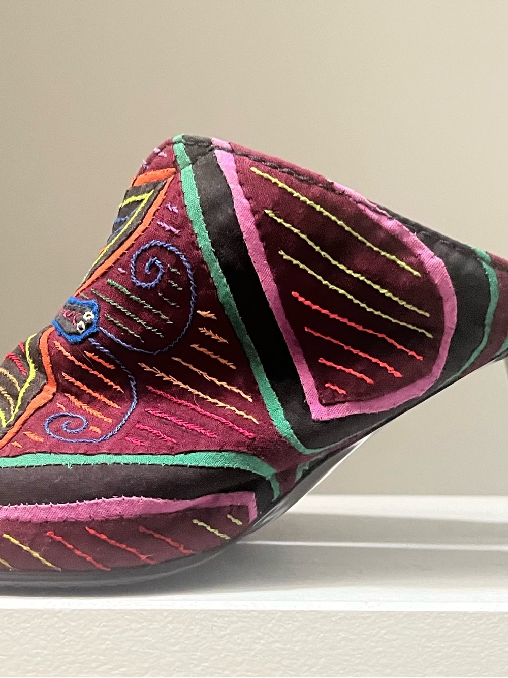Mola HAND Embroidered Maroon Slip-On Mule - Women's Decorative Shoe